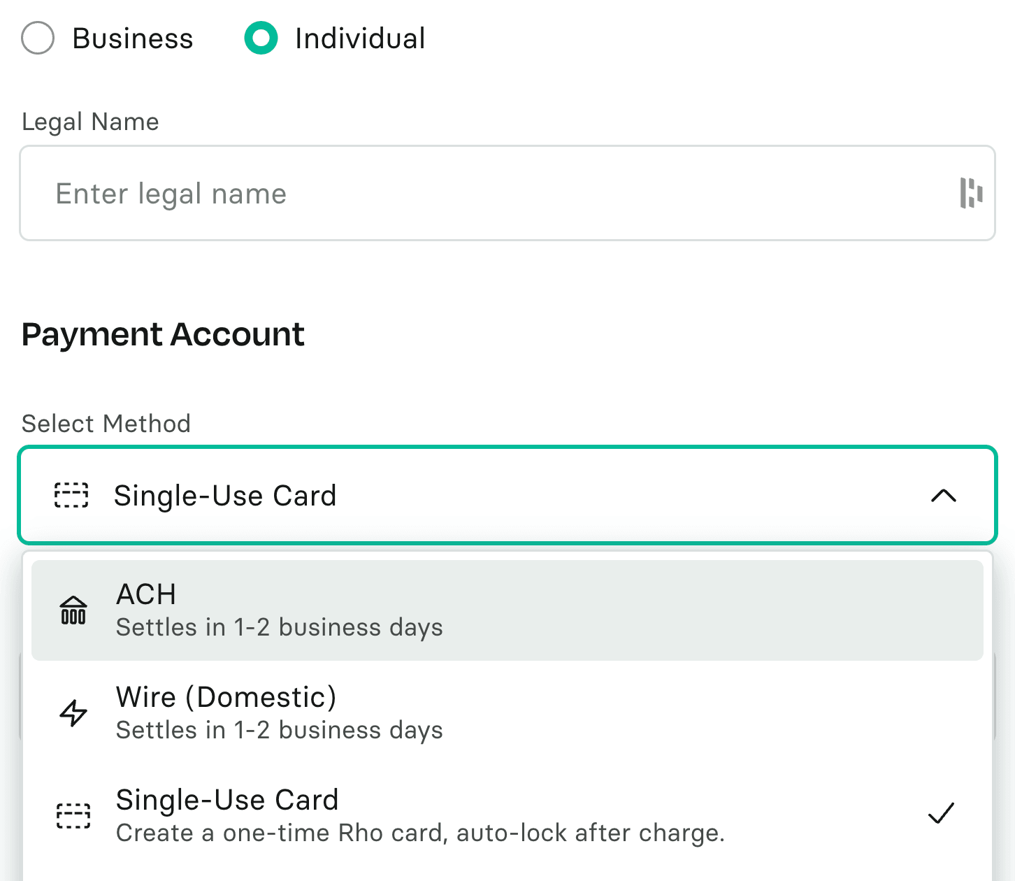 A vendor's payment account setup with the method dropdown open on ACH, domestic wire and single-use card