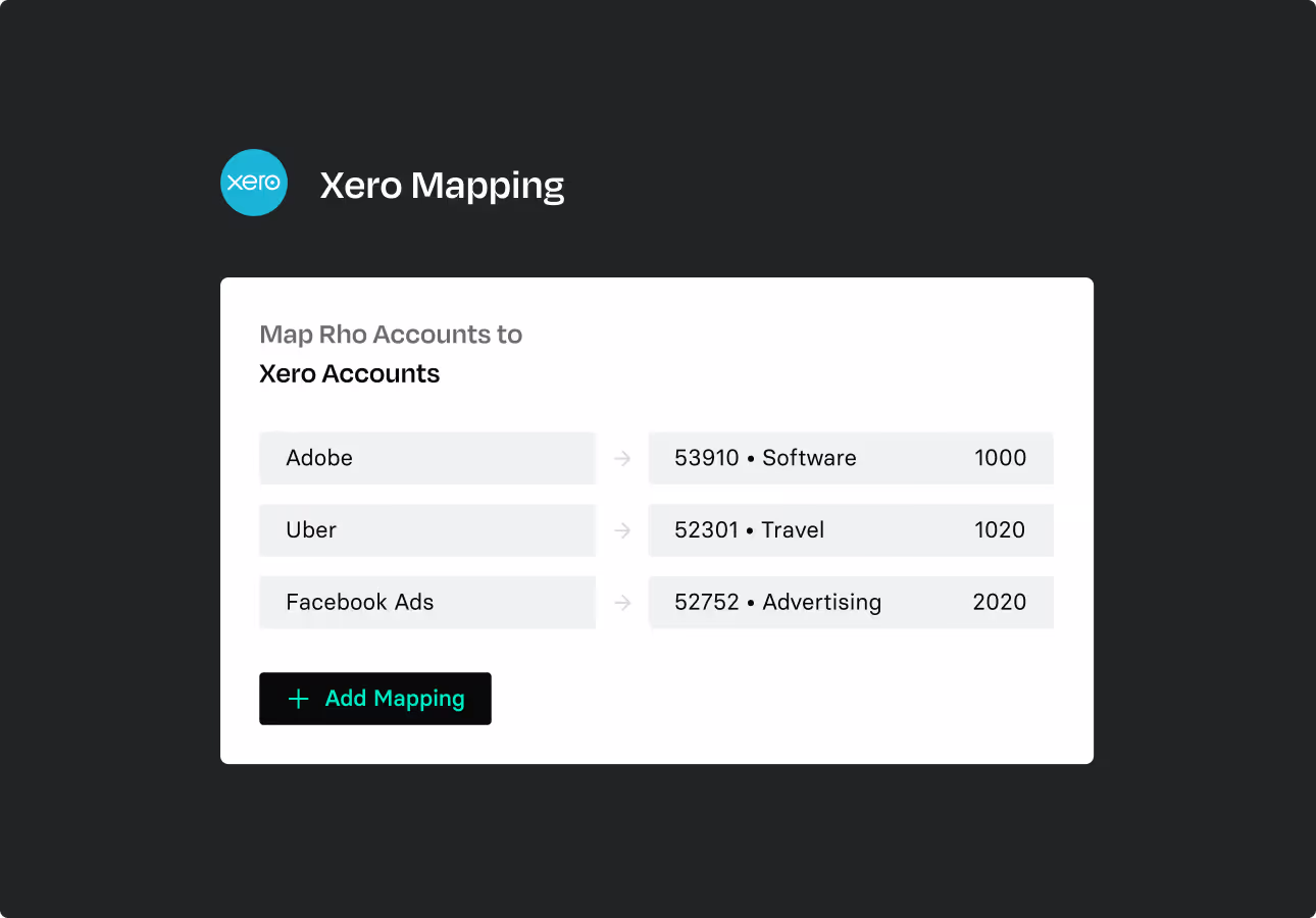 Xero Mapping screen matching Rho accounts to Xero account codes